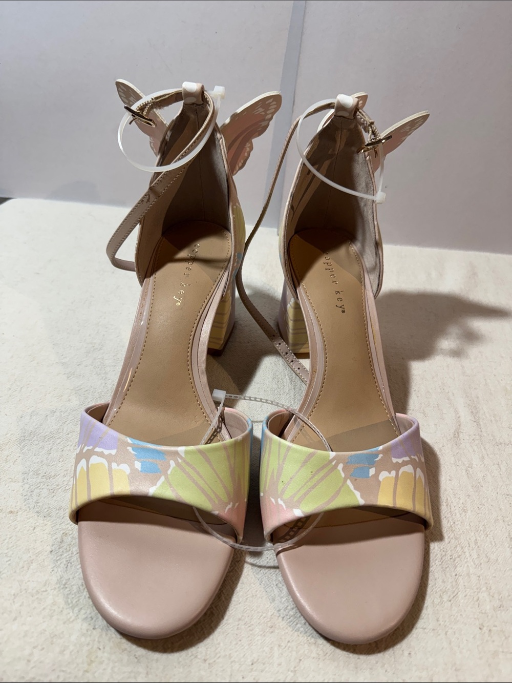 Copper Key Pastel Butterfly Ankle-Tie Block Heels in Pink and Yellow